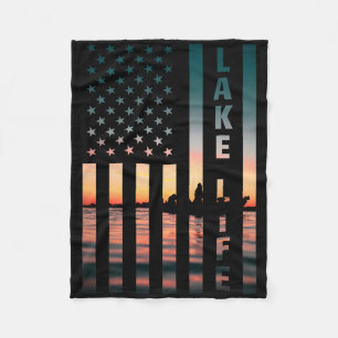 Lake Life Fisherman Sunset American Flag Byss Fish Fleece Blanket