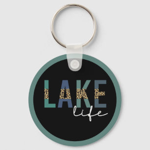 Lake Life Happy Place Cheetah Print Typography Keychain