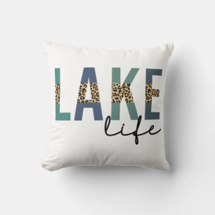 Lake Life Happy Place Lake House CheetahTypography Throw Pillow