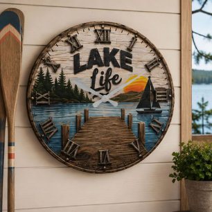 Lake Life Rustic Dock Lake House & Cabin Sunset Large Clock
