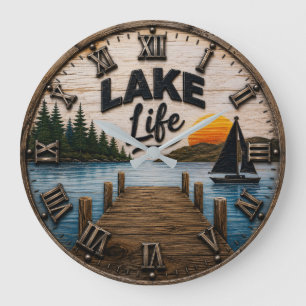 Lake Life Rustic Dock Lake House & Cabin Sunset Large Clock