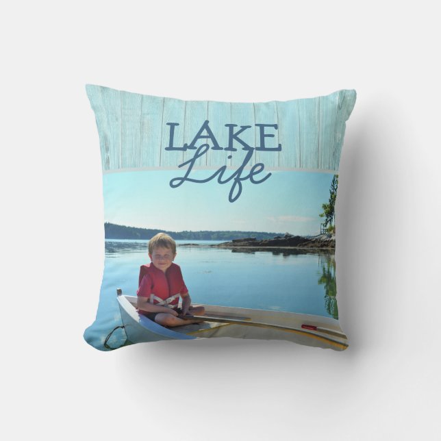 Lake Life Rustic Teal Photo Outdoor Pillow (Front)