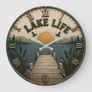 Lake Life Sunset Dock Rustic Lake House Large Clock
