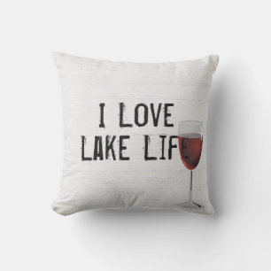 Lake Life Text on Whitewashed Wood Outdoor Pillow
