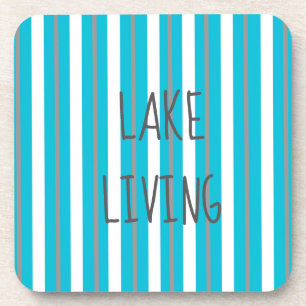 Lake Living Turquoise Grey White Stripe Coaster