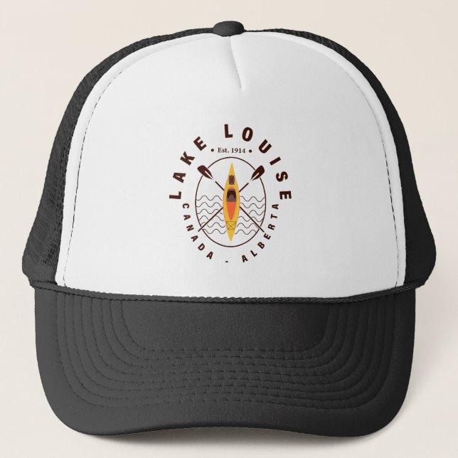Lake Louise Canada Alberta Kayaking Retro Souvenir Trucker Hat (Front)