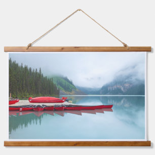 Lake Louise Scenery View with Red Canoes Hanging Tapestry