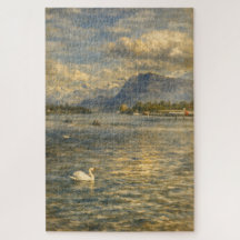 Lake Lucerne Switzerland Swan & Alps Art Puzzle