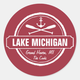 Lake Michigan, custom town, name, anchor, paddles Classic Round Sticker