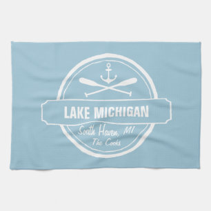 Lake Michigan, custom town, name, anchor, paddles Kitchen Towel