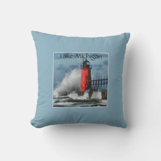 Lake Michigan Waves and Lighthouse Throw Pillow
