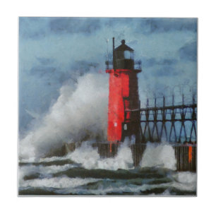 Lake Michigan Waves and Lighthouse Tile
