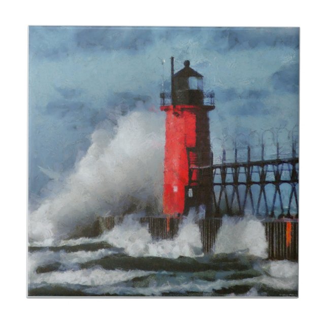 Lake Michigan Waves and Lighthouse Tile (Front)
