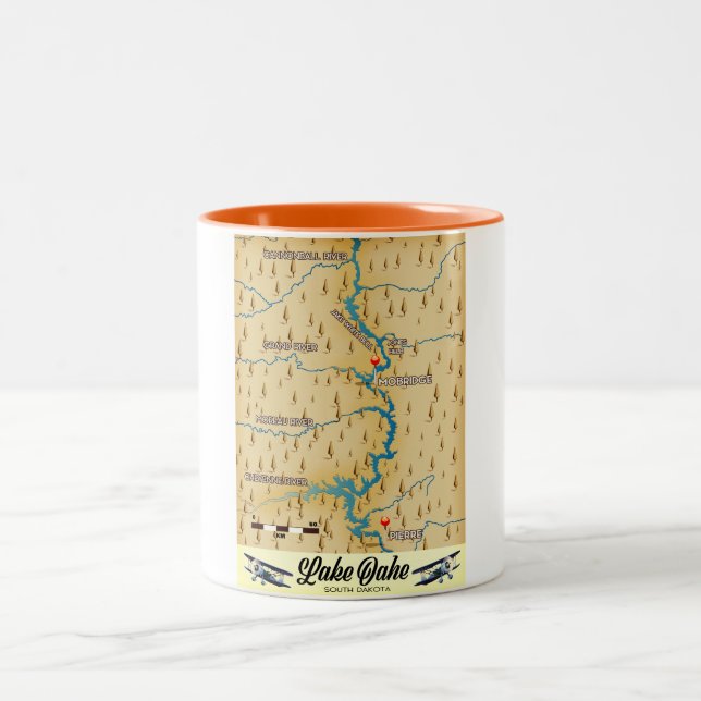 Lake Oahe South Dakota map Two-Tone Coffee Mug (Center)