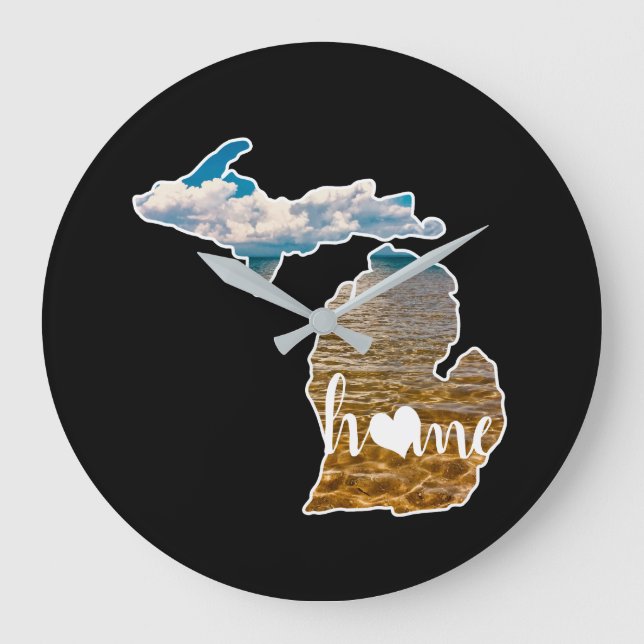 Lake Photo Michigan Silhouette With Home On Black Large Clock (Front)