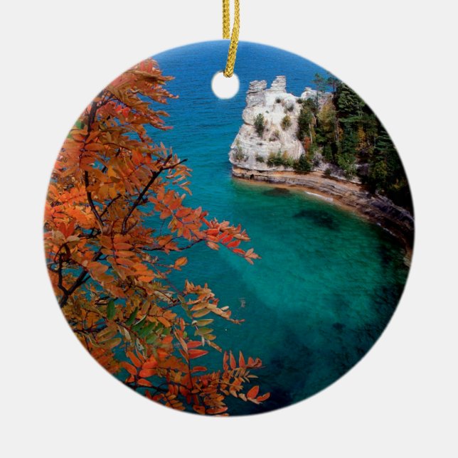 Lake Pictured Rocks Shore Superior Michigan Ceramic Ornament (Front)