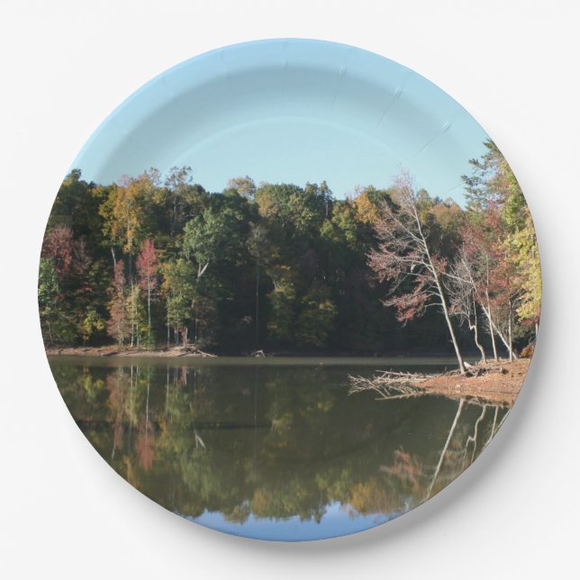 Lake Reflection of Orange Fall Leaves & Blue Skies Paper Plate (Front)