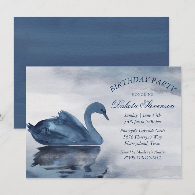 Lake Reflections | Dusty Blue Swan Birthday Party Invitation (Front/Back)