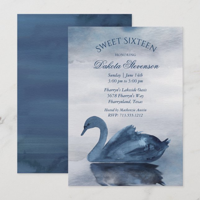 Lake Reflections | Dusty Blue Swan Sweet 16 Party Invitation (Front/Back)