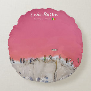 Lake Retba, Senegal - Pink Lake Boats Round Pillow