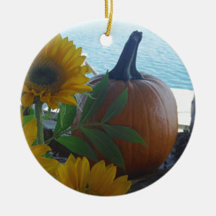 Lake side pumpkin an sunflowers ceramic ornament