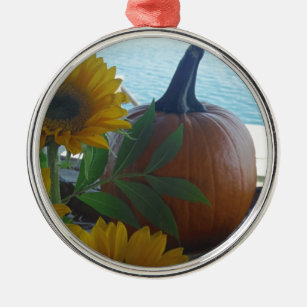 Lake side pumpkin an sunflowers metal ornament