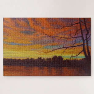 Lake Sunset Impressionistic Oil Painting Jigsaw Puzzle
