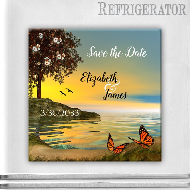 Lake Sunset with Butterflies Save the Date Magnet (Save the Date magnet featuring a coastal landscape with a blossoming tree and butterflies at sunset)