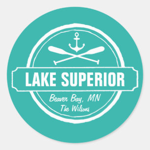 Lake Superior, custom town, name, anchor, paddles Classic Round Sticker