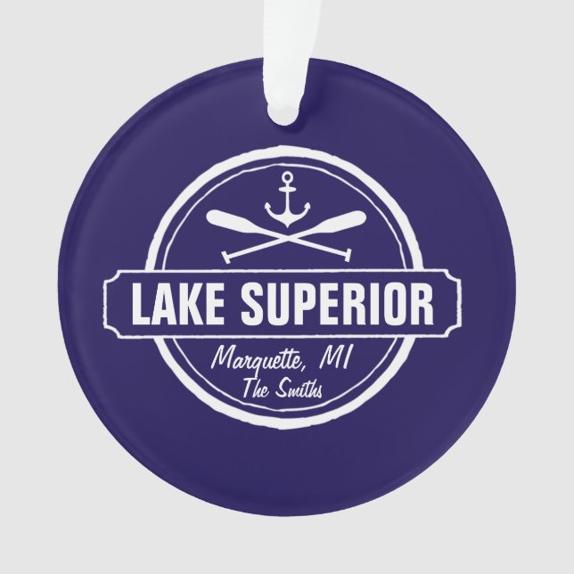 Lake Superior, custom town, name, anchor, paddles Ornament (Front)