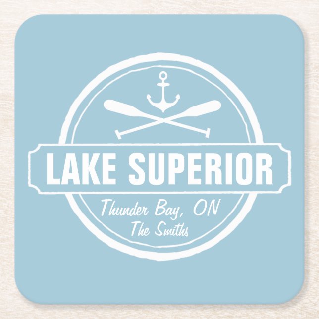 Lake Superior, custom town, name, anchor, paddles Square Paper Coaster (Front)