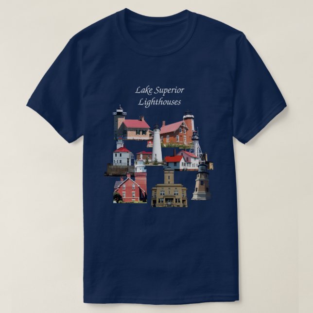 Lake Superior Lighthouses shirt white lettering (Design Front)