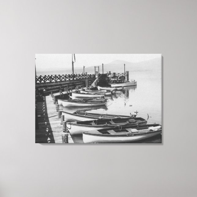 Lake Tahoe, CA - Wooden Boats along Dock Photo Canvas Print (Front)