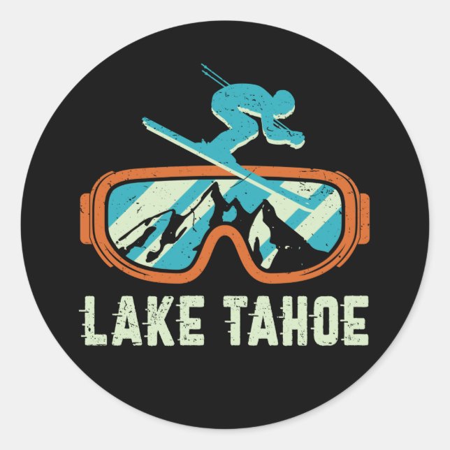 Lake Tahoe California Retro Skiing Snowboarding Classic Round Sticker (Front)