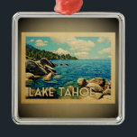 Lake Tahoe Ornament Vintage Travel<br><div class="desc">A cool vintage style Lake Tahoe ornament featuring a beautiful lake scene with trees,  rocks and blue sky.</div>