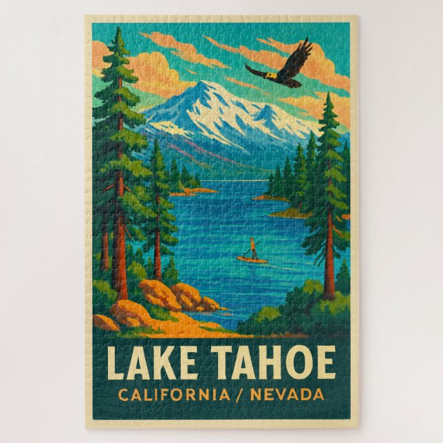 Lake Tahoe Vintage Travel (Green) Poster Jigsaw Puzzle (Vertical)