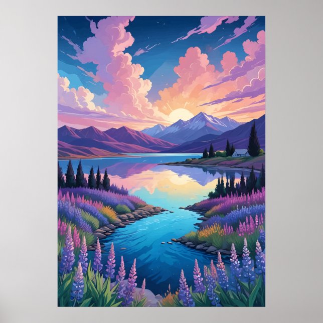 Lake Tekapo and Lupins Poster (Front)