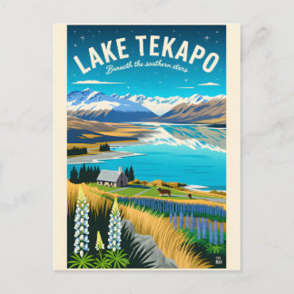 Lake Tekapo New Zealand Retro Travel Poster Art Holiday Postcard