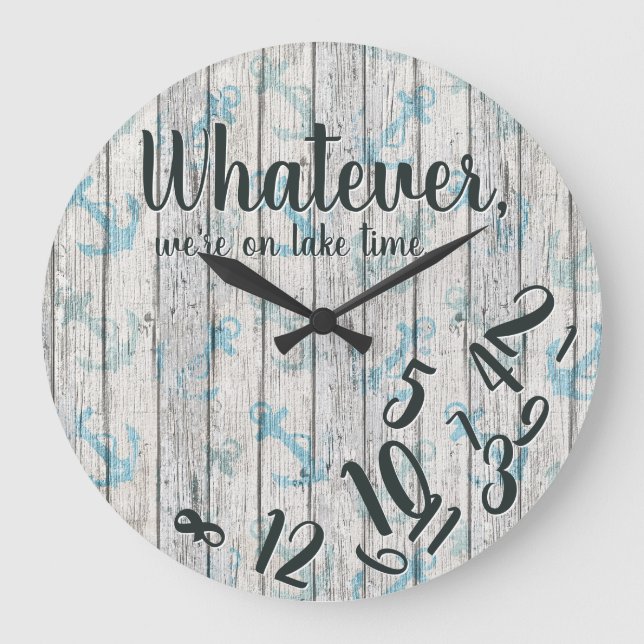 Lake Time Rustic Wood Funny Retirement Lake Home Large Clock (Front)