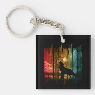 LAKE TREES WOLF HOWLING KEYCHAIN