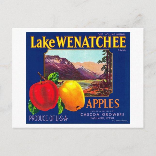 Lake Wenatchee Apple Label (blue) - Cashmere, WA Postcard (Front)