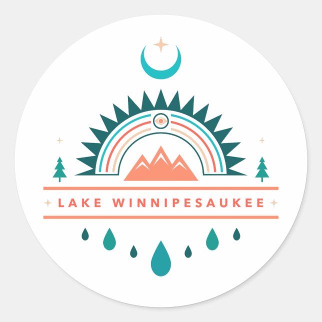 lake winnipesaukee new hampshire boho rainbow moon classic round sticker (Front)