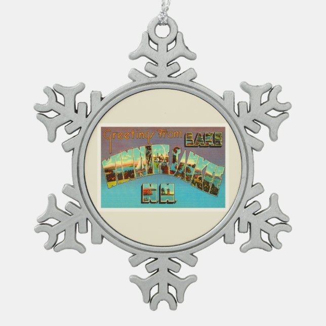 Lake Winnipesaukee New Hampshire Travel Souvenir Snowflake Pewter Christmas Ornament (Front)