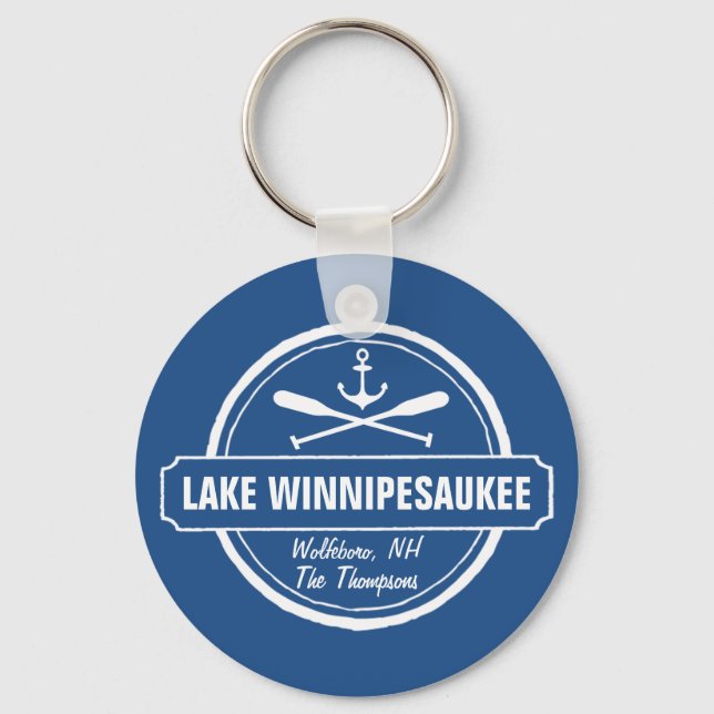 Lake Winnipesaukee NH custom town, name, anchor Keychain (Front)