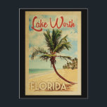 Lake Worth Palm Tree Vintage Travel Postcard<br><div class="desc">A uniquely retro mid-century modern Lake Worth Florida art print in vintage travel poster style. It features a curved palm tree on sandy beach with ocean under a blue cloudy sky.</div>