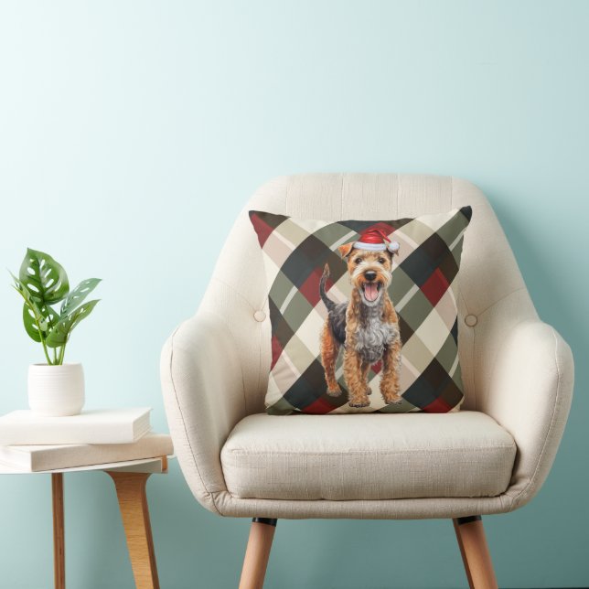 Lakeland Terrier Dog Plaid Christmas Holiday Throw Pillow (Chair)