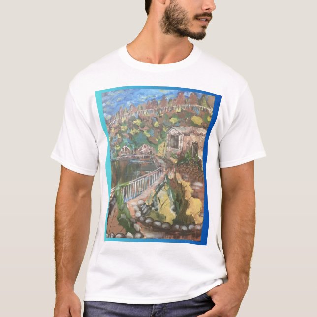 Lakeside Cabins Scene T-Shirt (Front)