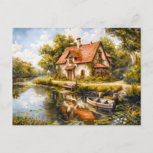 Lakeside Cottage with Rowboat Postcard