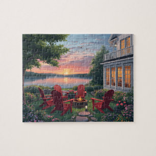 Lakeside Fire Pit Sunset Chairs Jigsaw Puzzle