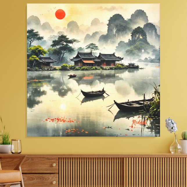 Lakeside Fishing Huts Red Sun Landscape Canvas Print (Insitu(LivingRoom))